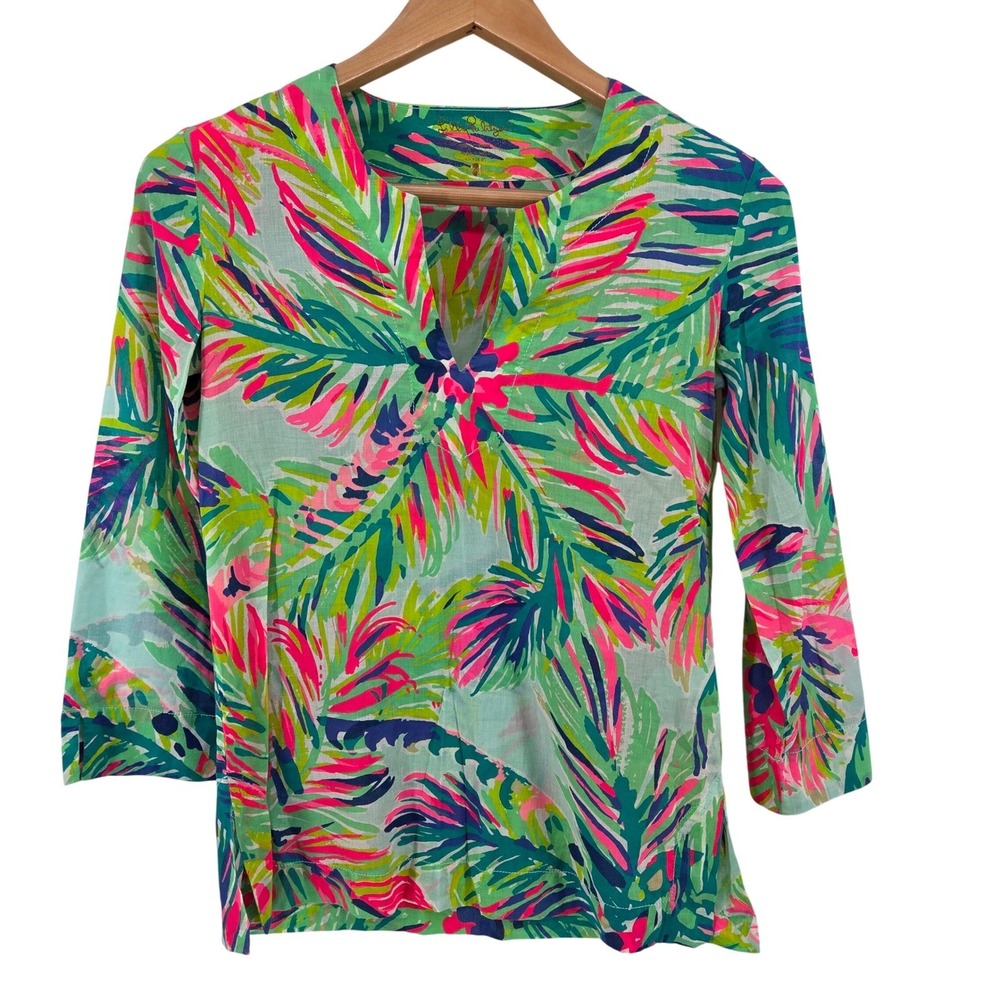 Lilly Pulitzer Cotton Island Time Tunic Amelia Island Green Pink‎ Palm XXS
